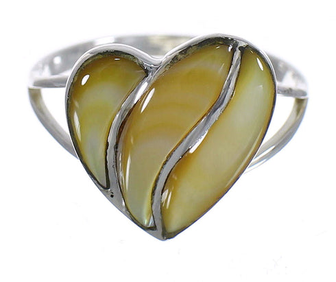 Southwestern Yellow Mother Of Pearl And Sterling Silver Heart Ring Size 6-3/4 WX66985